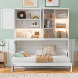 SOFTSEA Twin Size Horizontal Murphy Bed with Bookcase, LED Light and USB Charging Station, Space-Saving Hideaway Wall Bed Frame, White SOFTSEA