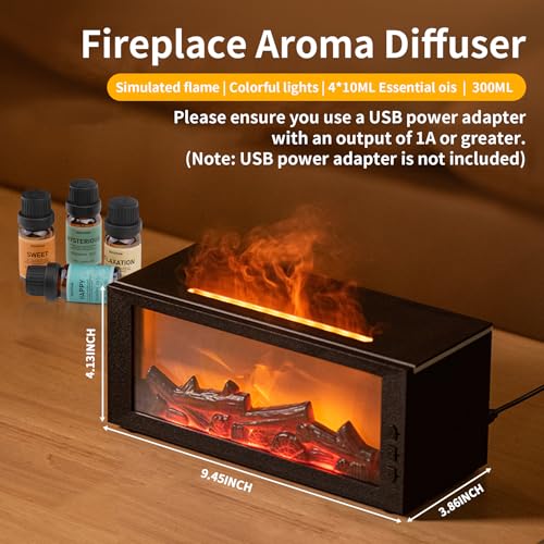 BOHOFAM Fireplace Essential Oil Aroma Diffuser,Flame Air Humidifiers 300ML,14-Hour Runtime,Colorful Flame Diffusers for Home,Included 4 * 10ML Hotel Collection Diffuser Oils for Bedroom(Black) BOHOFAM