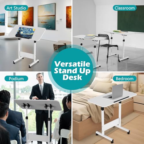 ZHIDIAN Tiltable Foldable Standing Desk Adjustable Height, Portable Computer Desk with Wheels, Mobile Sit Stand Small Rolling Laptop Table for Walking Pad, Bike Trainer, White ZHIDIAN