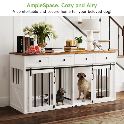 Real Relax Large Dog Crate Furniture, 71” Multi-Purpose Dog House w/Double Rooms, Divider and Sliding Barn Door, Steel Frame Indoor Double Dog Crate for Medium Small Dogs, White Real Relax