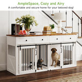 Real Relax Large Dog Crate Furniture, 71” Multi-Purpose Dog House w/Double Rooms, Divider and Sliding Barn Door, Steel Frame Indoor Double Dog Crate for Medium Small Dogs, White Real Relax