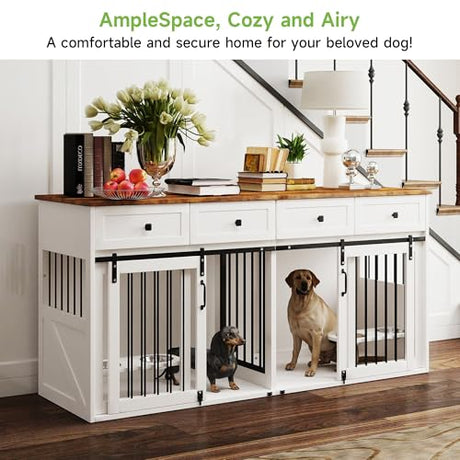 Real Relax Large Dog Crate Furniture, 71” Multi-Purpose Dog House w/Double Rooms, Divider and Sliding Barn Door, Steel Frame Indoor Double Dog Crate for Medium Small Dogs, White Real Relax