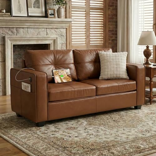 TYBOATLE 65" Faux Leather Sofa Couches for Living Room, Mid-Century Modern Tufted Comfy Loveseat w/USB Charging Ports and Wide Arms, 2 Seater Office Small Couch for Small Space Bedroom, Brown TYBOATLE
