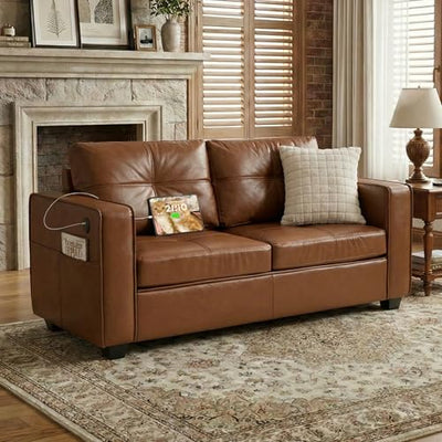 TYBOATLE 65" Faux Leather Sofa Couches for Living Room, Mid-Century Modern Tufted Comfy Loveseat w/USB Charging Ports and Wide Arms, 2 Seater Office Small Couch for Small Space Bedroom, Brown