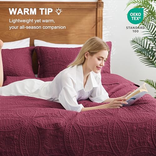 Love's cabin California King Size Quilt Bedding Set Burgundy Bedspreads - Cal King Lightweight Bedspread Comforter - Coin Pattern Coverlet for All Season - 3 Pieces (1 Quilt, 2 Pillow Shams) Love's cabin