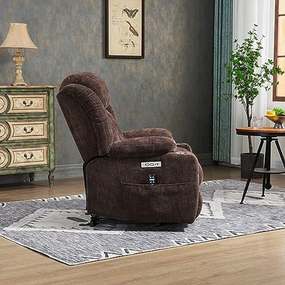 2024 Power Lift Recliner Chair with Full-Body Massage and Heat for Elderly, Hand Remote Control, Upgraded Powerful Motor, Extended Footrest, USB Ports, Stainless Steel Cup Holders, Chenille Brown