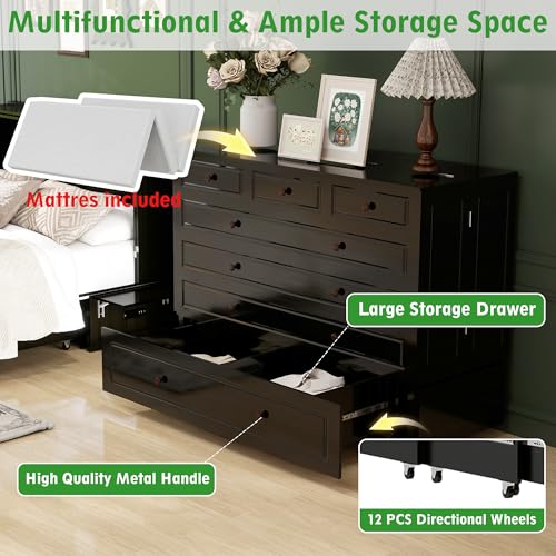 Keloyid Queen Murphy Bed Included Mattress：Wood Murphy Bed Cabinet with USB Charging Station and Large Storage Drawer for Bedrooms/Guest Rooms/Apartments, Black-13 Keloyid