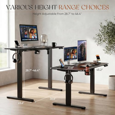 Furmax Electric Standing Desk, 45 x 24 Inches Height Adjustable Sit Stand up Desk, Memory Preset Computer Home Office Desks with Sturdy Metal Frame, Phone Stand Cable Management Hole (Black, 45'') Furmax