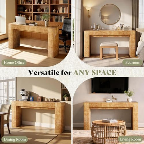 AMERLIFE 63" Burl Wood Console Table, Modern High Gloss Entryway Table with 2 Storage Drawers, Long Sofa Table Behind the Couch for Entrance, Hallway, Foyer, Living Room, Natural AMERLIFE