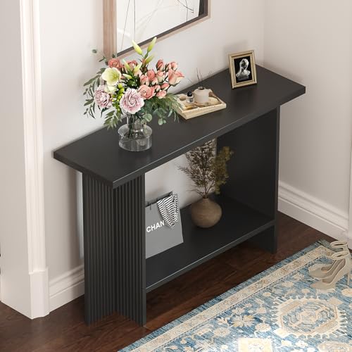 Trironsun Fluted Console Table for Small Spaces 2-Tier Storage Narrow Entryway Table with Solid Wood Cross Base Mid-Century Modern Sofa Table for Hallway Living Room Behind Couch Trironsun