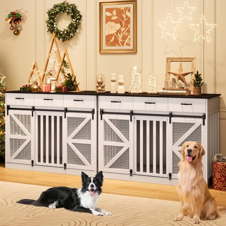 kepptory 48 Inch Large Dog Crate Furniture with 3 Storage Drawers, Wooden Pet Kennel with Removable Divider, Dog Kennel End Table TV Stand, Farmhouse Style Dog Crates with Sliding Barn Door (White) kepptory