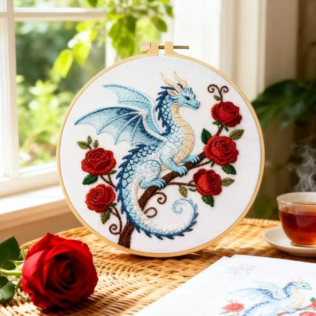 BEUNITONE 6 Sets Embroidery Kits for Beginners with Dragon and Flowers Patterns, DIY Craft Kits for Adults Include Embroidery Hoops and Instructions, Needlepoint Kits for Craft Lover and Home Decor BEUNITONE