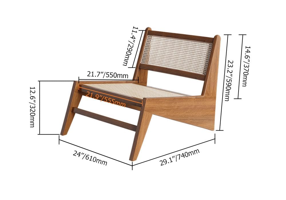 homary Japandi Walnut Rattan and Wood Lounge Chairs Mid Century Modern Armless Accent Chair for Living Room Bedroom Balcony & Patio homary