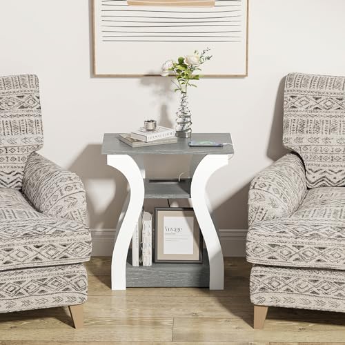 FROMJBEST End Tables Living Room, Grey End Table with Charging Station, Grey Side Table, Nightstand for Bedroom, 3 Tier End Table with Storage Shelf for Living Room FROMJBEST