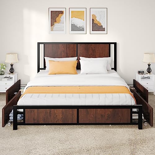 YITAHOME Vintage Brown Queen Size Metal Platform Bed Frame with 4 Storage Drawers