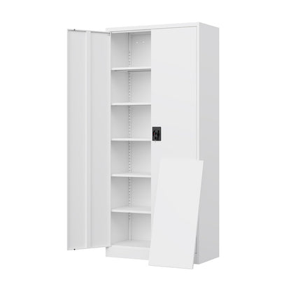 Yizosh Metal Garage Storage Cabinet with Lock, 71" Locking Tool Cabinet with 2 Doors and 5 Shelves, Tall Steel Cabinet for Garage, Heavy Duty File Cabinet for Office, School (White) - WoodArtSupply