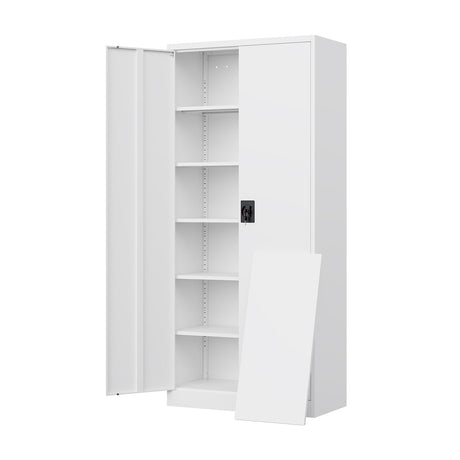 Yizosh Metal Garage Storage Cabinet with Lock, 72" Locking Tool Cabinet with 2 Doors and 5 Shelves, Tall Steel Cabinet for Garage, Heavy Duty File Cabinet for Office, School (White) Yizosh