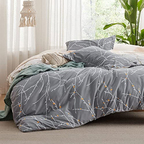 Bedsure Duvet Cover Twin Size - Reversible Botanical Duvet Cover Set with Zipper Closure, 2 Pieces Grey Bedding Set with 8 Corner Ties and 1 Pillow Sham 20"x26" Bedsure