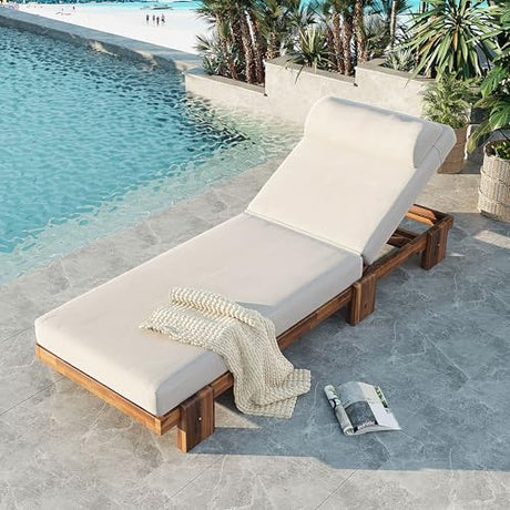 Acacia Wood Outdoor Patio Chaise Lounge Chair, All Weather Reclining Chairs Lounge Chairs with Adjustable Reclining Backrest and Cushions for Terrace, Poolside, Garden, and Beach (Beige-1.26) VilroCaz
