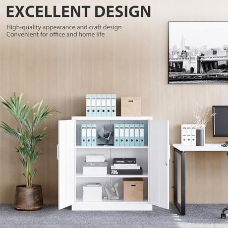 SISESOL White Metal Storage Cabinet with Doors and Shelves,36 inch Small Metal Cabinet with Lock,Short Garage Storage Cabinets,Locking Steel Cupboard for Home,Office,Kitchen,Garages SISESOL