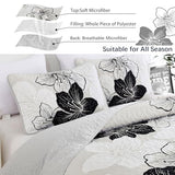 DJY Black White Quilt Set Queen 3 Pieces Floral Bedding Quilt Set Soft Botanical Bedspread with 2 Pillow Shams Lightweight Flower Quilt Coverlet Set for All Season 90''x 96'' DJY