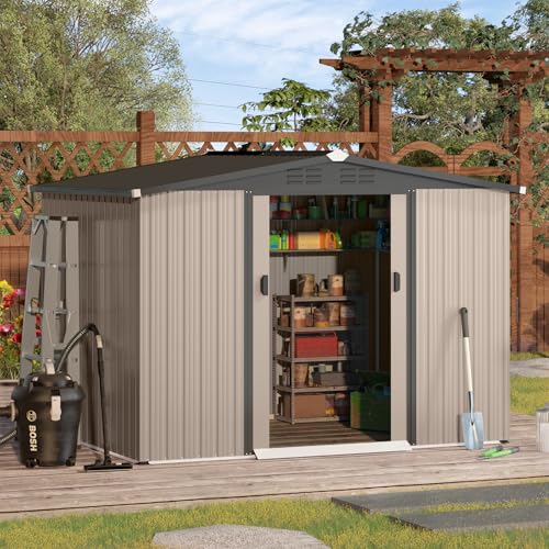 U-MAX 8 x 6 Ft Shed, Outdoor Storage Tool Shed (Sliding Door), Garden Metal Shed for Yard, Outdoor Storage Clearance in Grey - WoodArtSupply