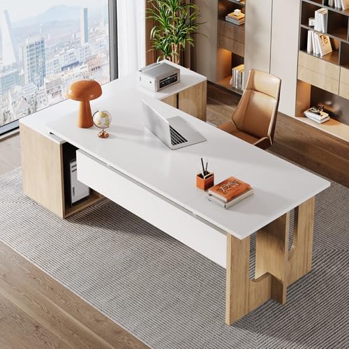 Tribesigns 74.8 Inch Executive Desk, Large Office Desk with Cabinet, L Shaped Computer Desk with Shelves and CPU Storage, Modern Home Office Desks Business Furniture Workstation Set, White and Wood Tribesigns
