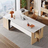 Tribesigns 74.8 Inch Executive Desk, Large Office Desk with Cabinet, L Shaped Computer Desk with Shelves and CPU Storage, Modern Home Office Desks Business Furniture Workstation Set, White and Wood Tribesigns