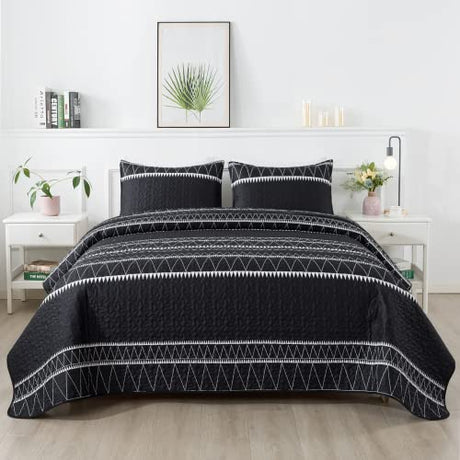 Andency Black Twin Quilt Set, 2 Pieces Boho Lightweight Soft Striped Bedspread for All Season (68"x86"), Printed Bohemian Microfiber Reversible Coverlet Comoforter Sets Andency