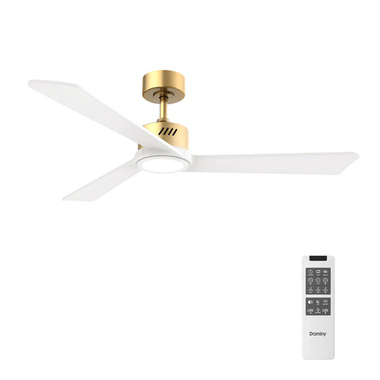 DAMINY Natural Solid Wood White and Gold 52 inch Ceiling Fan with Light,3 Blade Ceiling Fan with Light,6CCT,Low Profile Ceiling Fan with Light and Remote Control