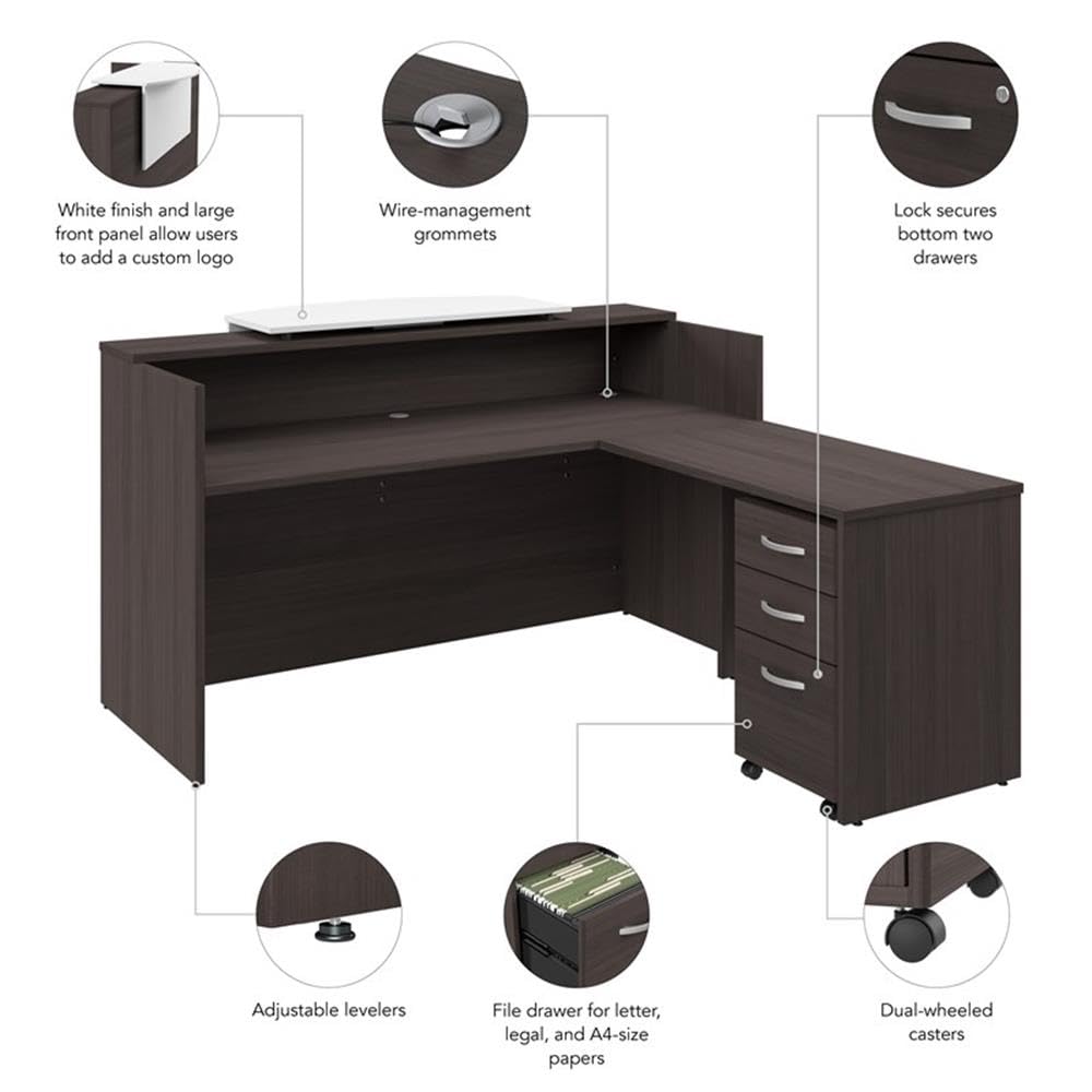 Bush Business Furniture Arrive 72W x 72D L Shaped Reception Desk with Counter and Mobile File Cabinet in Storm Gray Bush Furniture
