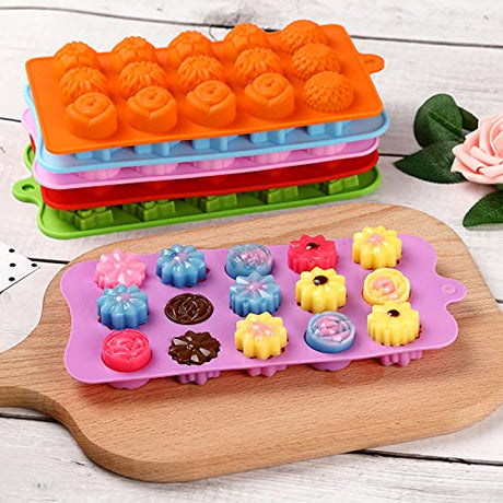 FIRETREESILVERFLOWER Flower Shape Chocolate Candy Molds Set,Heart,The stars,The rose,Flowers in Combination,15 Cavity Silicone Baking Mold Ice Cube Tray-Wedding,Festival,Parties and DIY Crafts-(6Pcs) FIRETREESILVERFLOWER