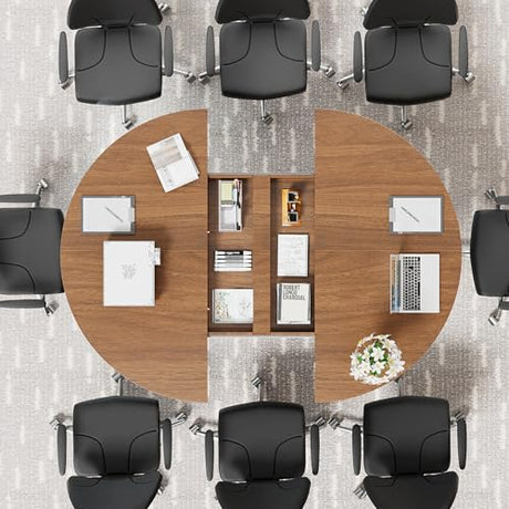 Xyulmeo Extendable Round Conference Table for 4-6, 43-59 Inch Oval Meeting Room Table with Storage, Wood Walnut Circle Table with Leaf, Space Saving, for Office, Conference Room, Boardroom, Seminar Xyulmeo