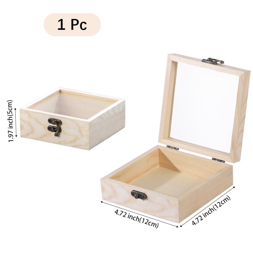 CALFOVERA 4.72×4.72×1.97 Inch Wooden Square Storage Box with Glass Lid Iron Clasp Unfinished PapayaWhip Stash Box Jewelry Display Case Container for Jewelry Storage Gift Packaging Home Decoration CALFOVERA