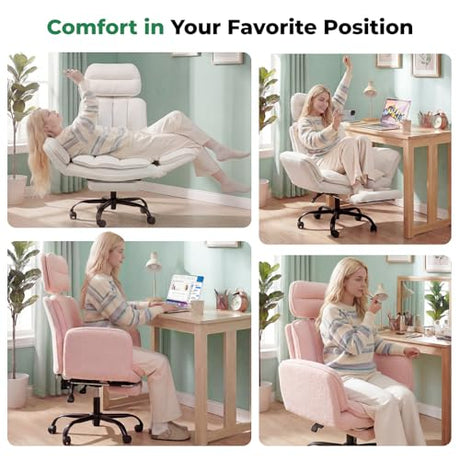 Criss Cross Office Chair with Armrests & Wheels, Comfy Velvet Vanity Chair, Ergonomic Executive Gaming Computer Chairs with Foot Rest, Wide Seat Reclining Desk Chair, White HOMRELEXA