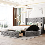 Bellemave Velvet Upholstered Queen Platform Bed with Storage, Queen Size Bed Frame with Headboard, 1 Big Drawer and 2 Side Storage Stool, Strong Wooden Slats/Easy Assembly (Grey) Bellemave