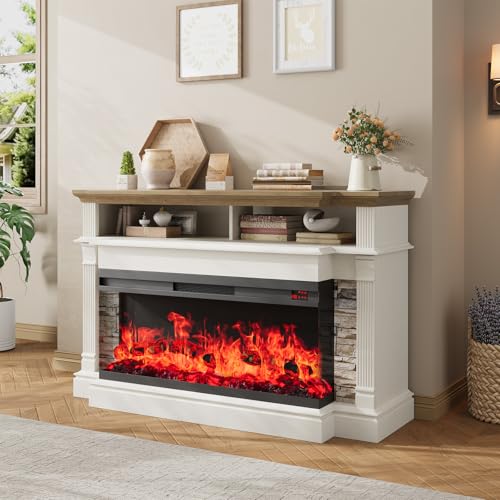 QUW Fireplace TV Stand for TVs up to 65", Farmhouse 52" Fireplace Entertainment Center with 36" 3-Side Glass Electric Fireplace, TV Console with Open Storage Shelves for Living Room, Antique White QUW