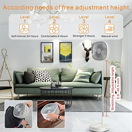 Magesh Portable Pedestal Fan - Foldaway Standing Fan Foldable Desk Fan, Use 7200Mah Rechargeable Battery, Remote Control Telescopic 4 Speed Quiet Timer Fan for Home Kitchen Outdoor Camping (Gray) Magesh