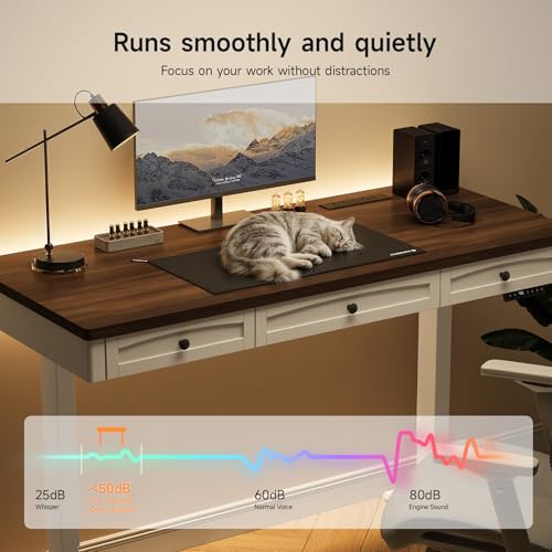 ONBRILL Standing Desk with 3 Drawers, 55 x 24 Inch Electric Height Adjustable Desk with Storage & Outlets, for Computer Workstation, Home Office, Retro Curved Table Corner & Drawers, Walnut ONBRILL