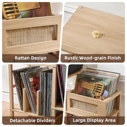 LELELINKY Record Player Stand, Natural Oak Wood Record Holder with Vinyl Storage Holds up to 300+ Albums, 3-Tier Rattan Media Table with Vinyl Display Shelf, Record Storage Cabinet for Living Room LELELINKY