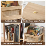 LELELINKY Record Player Stand, Natural Oak Wood Record Holder with Vinyl Storage Holds up to 300+ Albums, 3-Tier Rattan Media Table with Vinyl Display Shelf, Record Storage Cabinet for Living Room LELELINKY