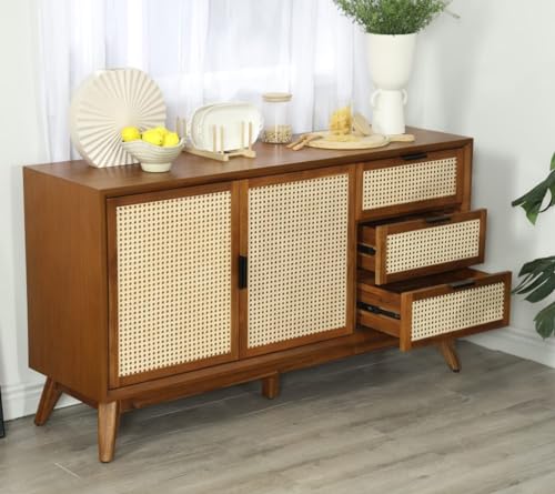Bme Rattan Pre-Assembled Buffet Sideboard with 3 Drawers & 2 Doors, 58" Accent Console Table Living Room, Kitchen, Dining, Dark Chocolate, Jasper