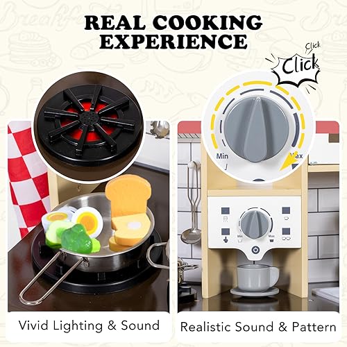 BRINJOY Kitchen Playset for Kids, Wooden Toddler Play Kitchen w/Faucet, Sink, Microwave, Oven, Apron, Cabinets, Children Pretend Play Cooking Toy Set w/Sound & Light, Gift for Girls Boys Age 3+ BRINJOY