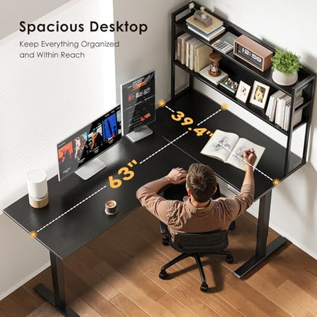 OffiGo L Shaped Electric Standing Desk, 63 Inch Reversible Corner Stand up Table with Hutch, Height Adjustable Ergonomic Large Lift Table for Home Office, Workstation, Black OffiGo