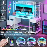 DWVO Computer Desk with Drawers & Hutch, 59.1" Office Desk with Power Outlets & LED Lights, Home Office Desk with Storage Shelves, White DWVO