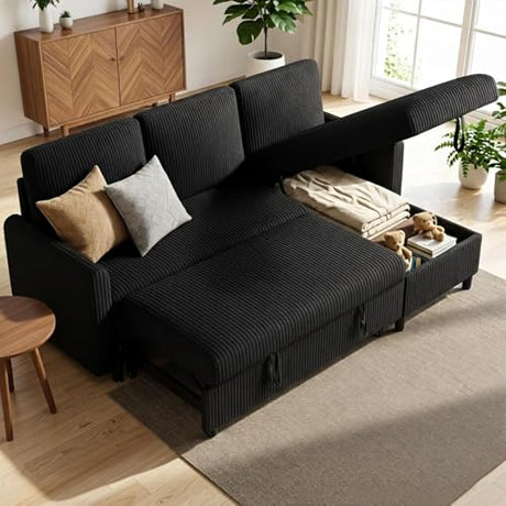 JAMFLY Pull Out Sleeper Sofa Bed with Storage Chaise, L-Shaped Corduroy Sectional Couch, 3-Seater Convertible Sofa with Hidden Storage for Small Living Room, Apartment, Office, Black JAMFLY