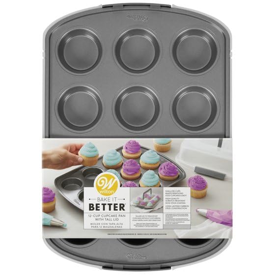 Wilton Cupcake Pan, 12 Cup Non-Stick Carbon Steel Cupcake Mold, cupcakke Pan for Baking and Decorating, Dishwasher Safe, Grey, 2.80 x 10.80 x 15.40 Inches, Gray Wilton