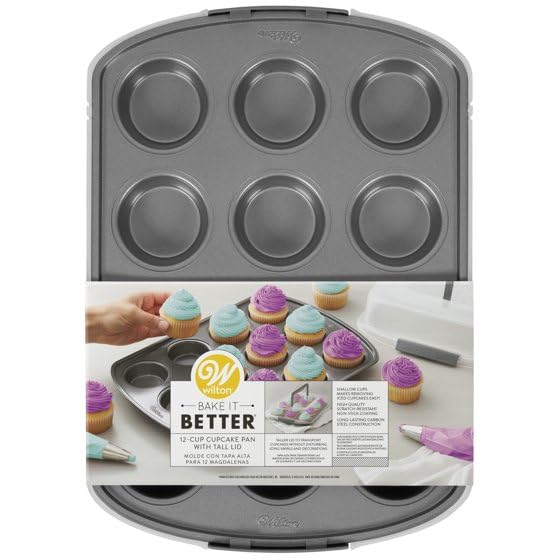 Wilton Cupcake Pan, 12 Cup Non-Stick Carbon Steel Cupcake Mold, cupcakke Pan for Baking and Decorating, Dishwasher Safe, Grey, 2.80 x 10.80 x 15.40 Inches, Gray