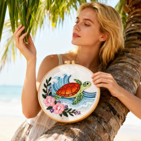 BEUNITONE 4 Sets Sea Turtle Embroidery Kits for Beginners DIY Craft Kits for Adults with Printed Patterns, Hoops and Instructions, Hibiscus Flower Needlepoint Kits for Clothing and Home Decor BEUNITONE