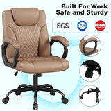 Misolant Office Chair, Executive Desk Chair, PU Leather Comfortable Ergonomic Chairs with Fixed Armrest, Adjustable Height, Rocking Function, 360° Swivel Wheels, Brown Misolant